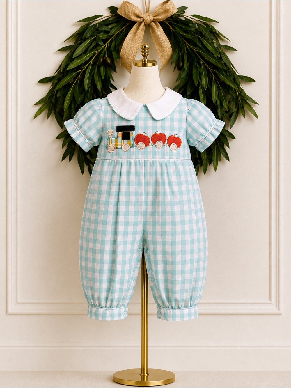 Banana Split Boutique Blue White Pumpkin Train One Piece Romper Fall